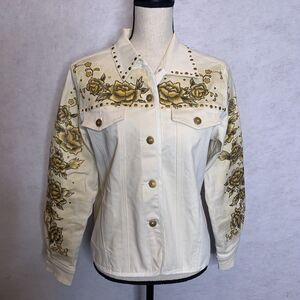 DG2 by Diane Gilman Jacket‎ Womens Small White Hand Painted Gold Flowers Studs